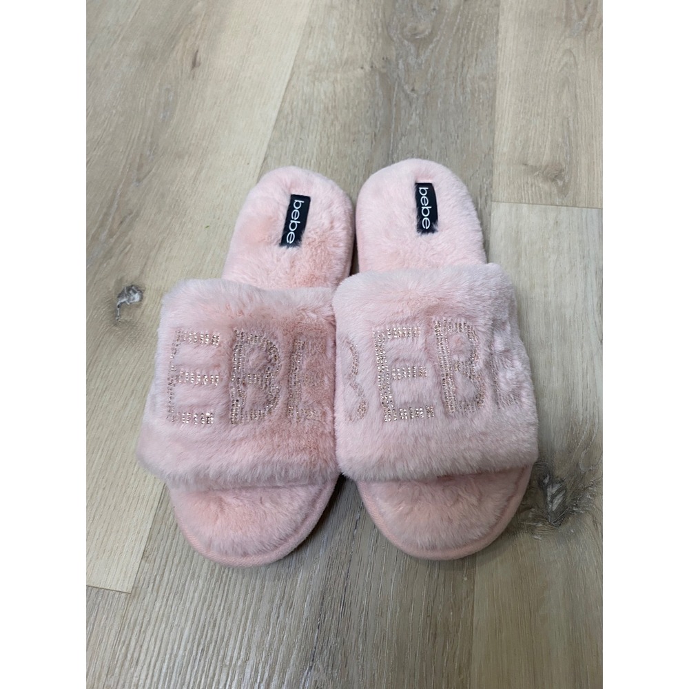 Bebe Pink Faux Fur Rhinestone Logo Slide Slippers Womens Size 8